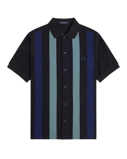 Fred Perry Blue Panelled Button Through Polo Shirt for men
