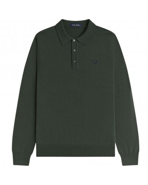 Fred Perry Green Classic Knitted Long Sleeve Shirt for men