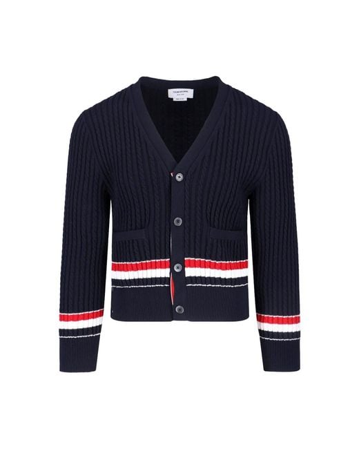 Thom Browne Blue Knitted Cotton V-Neck Cardigan for men