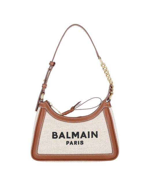 Balmain White Beige Canvas And Brown Leather Shoulder Bag