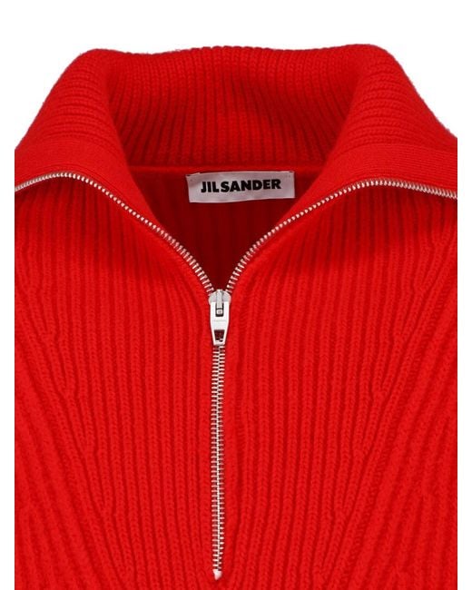 Jil Sander Red Cropped Ribbed Knit Sweater With Half-Zip Closure for men