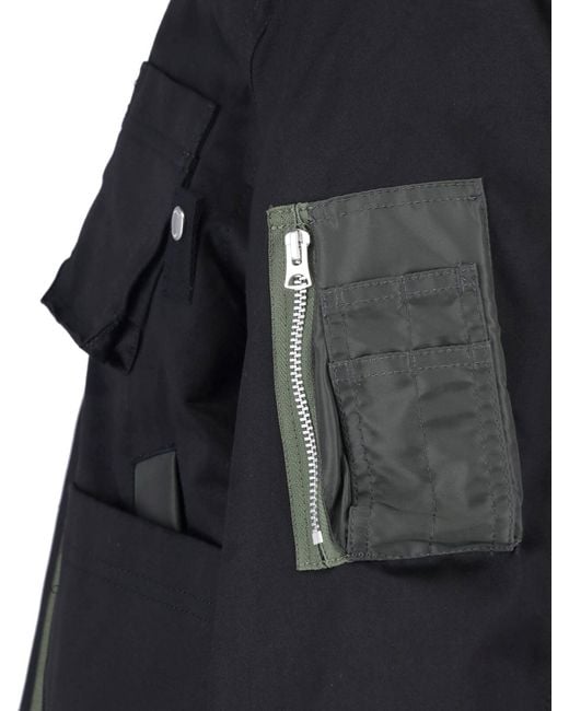Sacai Black Engineered Panel Cotton Jacket With Nylon, Cowhide & Knit Trim for men