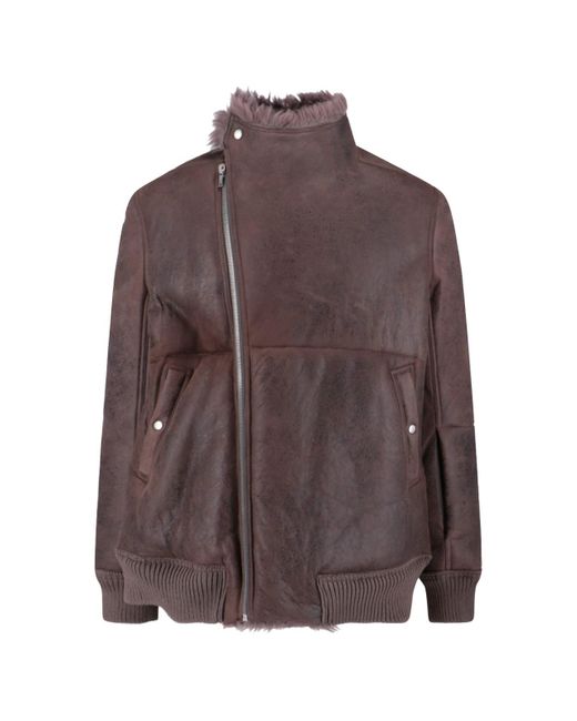 Rick Owens Brown Distressed Leather Jacket With Plush Shearling Lining for men