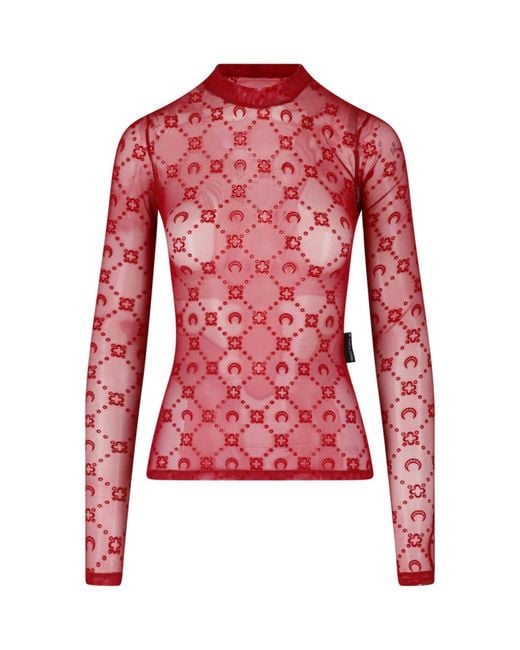 MARINE SERRE Red Semi-Transparent Monogram Fitted Top