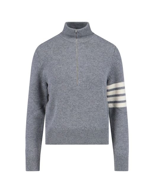 Thom Browne Gray Wool Zip Sweater 4-Bar Detail