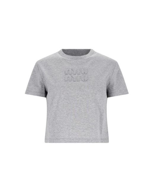 【MIU MIU】Embroidered Cropped Cotton T-Shirt/全国送料無料 Miu Miu Logo-embossed Cotton Cropped T-shirt in Gray | Lyst