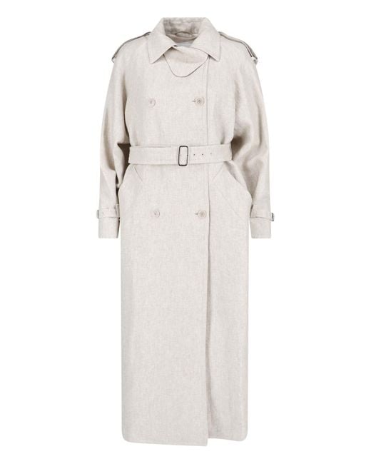 Max Mara Gray Double-Breasted Linen Trench Coat