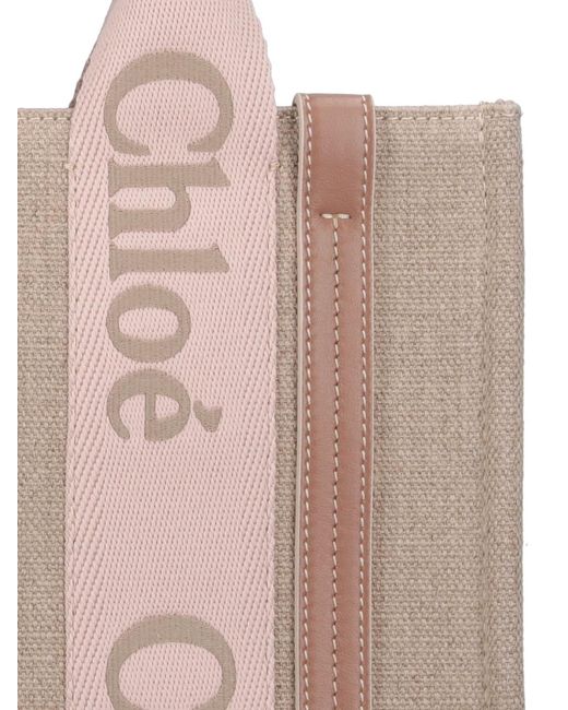 Chloé Pink Woody Small Linen Tote Bag
