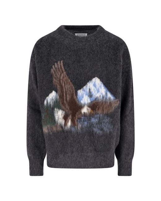 Maison Margiela Black Intarsia Knit Sweater With Eagle Design And Four Stitches for men
