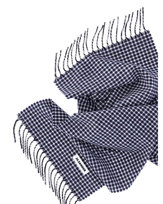 Jil Sander Blue Gingham Fringe Scarf