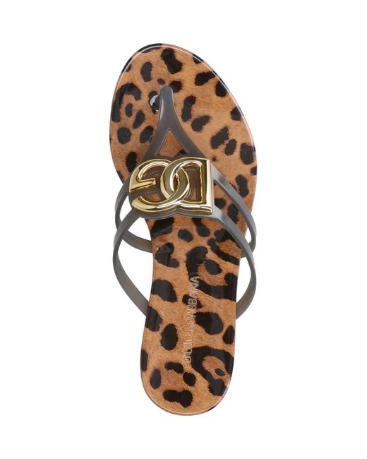 Dolce & Gabbana White Leopard Print Thong Sandals With Logo Detail