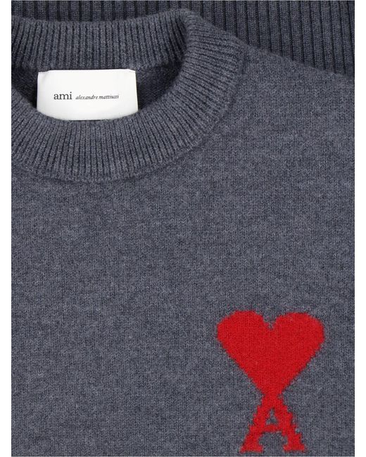 AMI Blue Relaxed Fit Wool Sweater With Contrast Heart Logo for men