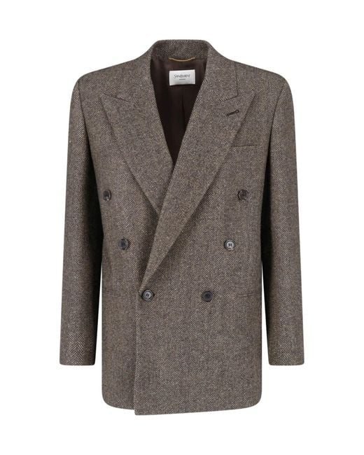Saint Laurent Gray Double-Breasted Wool Blazer
