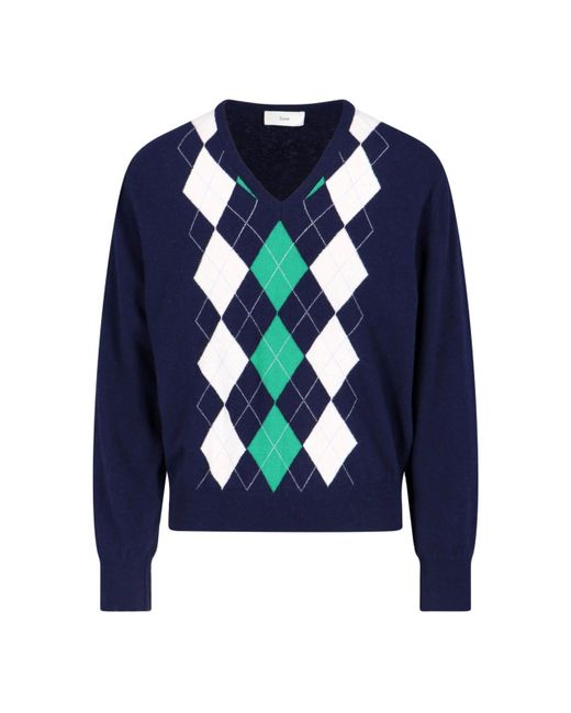 DUNST Blue 'argyle' V-neck Sweater for men