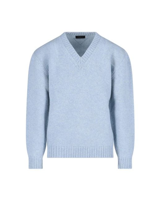 Prada Blue Shetland V-neck Sweater for men