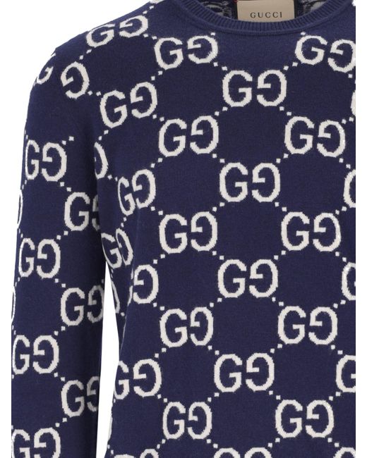 Gucci Blue Monogram-pattern Ribbed-trim Wool Jumper for men