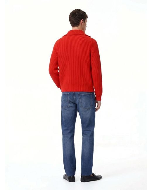 Jil Sander Red Cropped Ribbed Knit Sweater With Half-Zip Closure for men