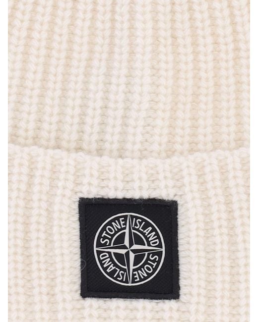 Stone Island White Virgin Wool Logo Beanie for men