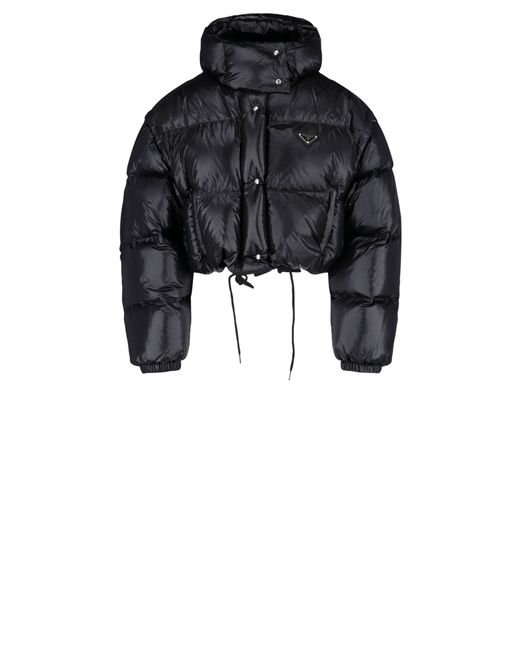 Prada Crop Logo Down Jacket in Black | Lyst