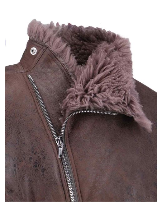 Rick Owens Brown Distressed Leather Jacket With Plush Shearling Lining for men