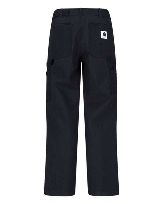 Sacai Blue Double Knee Pants X Carhartt Wip With Belted Mid-Rise for men