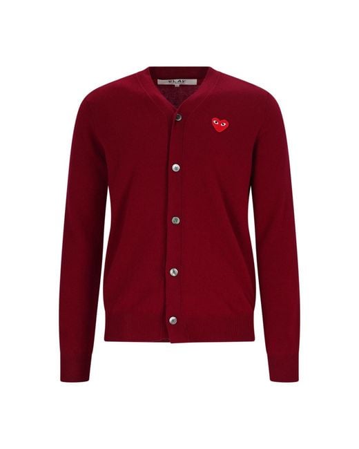 COMME DES GARÇONS PLAY Red Burgundy V-Neck Iconic Heart Wool Cardigan for men