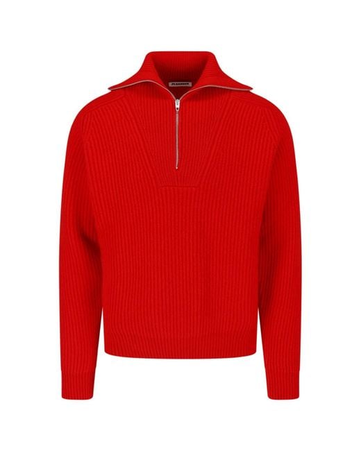 Jil Sander Red Cropped Ribbed Knit Sweater With Half-Zip Closure for men
