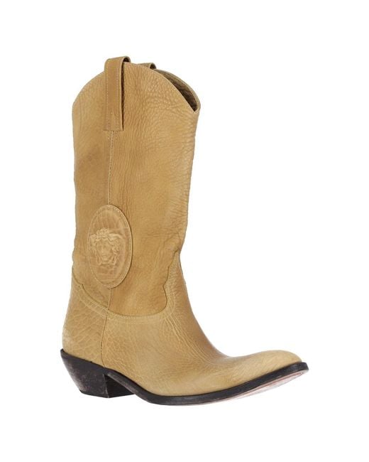Versace Natural Tan Mid-Calf Pointed Toe Boots