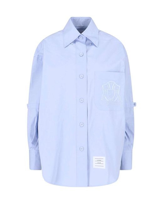 Thom Browne Blue Poplin Curved Hem Logo Shirt