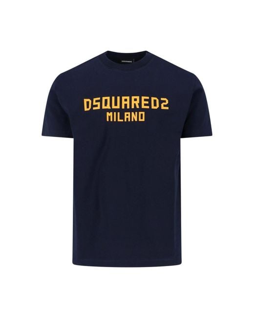 DSquared² Blue Dark Cotton Crew Neck T-Shirt With Contrasting Logo for men