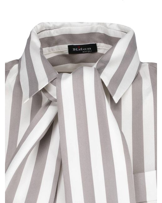 Kiton White Silk Striped Classic Collar Shirt