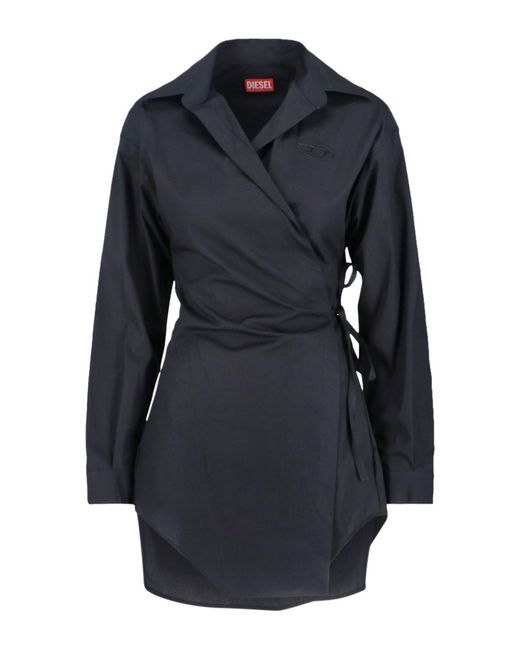 DIESEL Blue Asymmetric Wrap Midi Shirt Dress With Tone-On-Tone Embroidery