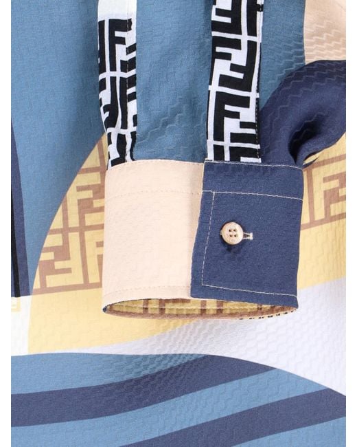 Camicia In Seta "Patchwork" di Fendi in Blue