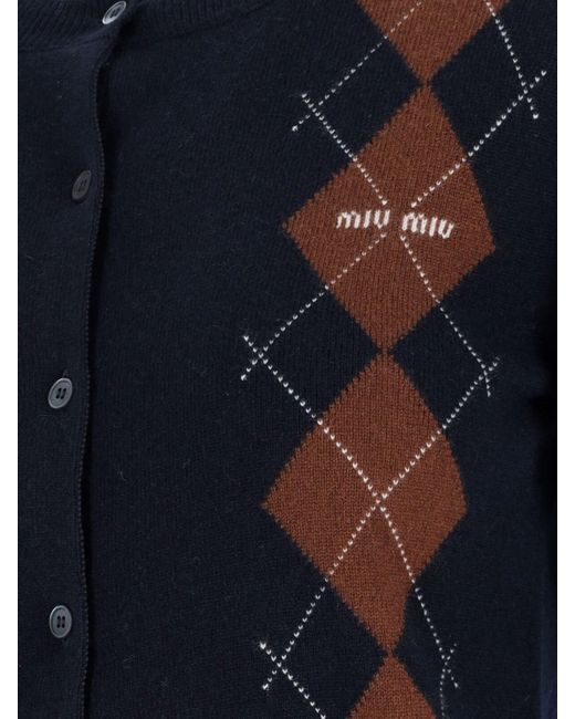 Cardigan In Cashmere Logo di Miu Miu in Blue