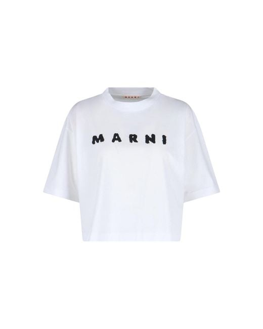 Marni White Cropped Short-Sleeve T-Shirt With Textured Lettering