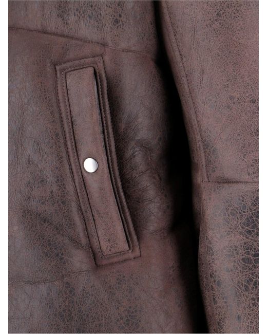 Rick Owens Brown Distressed Leather Jacket With Plush Shearling Lining for men