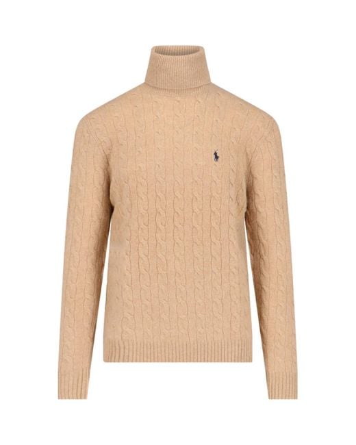 Polo Ralph Lauren Natural Cable Knit Turtleneck Sweater With Embroidered Logo for men