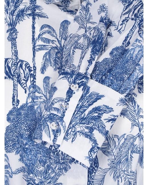 Mc2 Saint Barth Blue Midi Dress With Tiered Skirt And Botanical Print