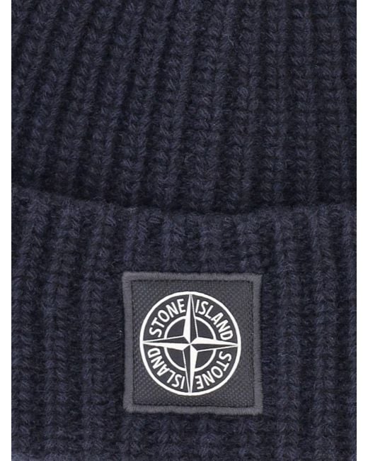Stone Island Blue Virgin Wool Logo Beanie for men
