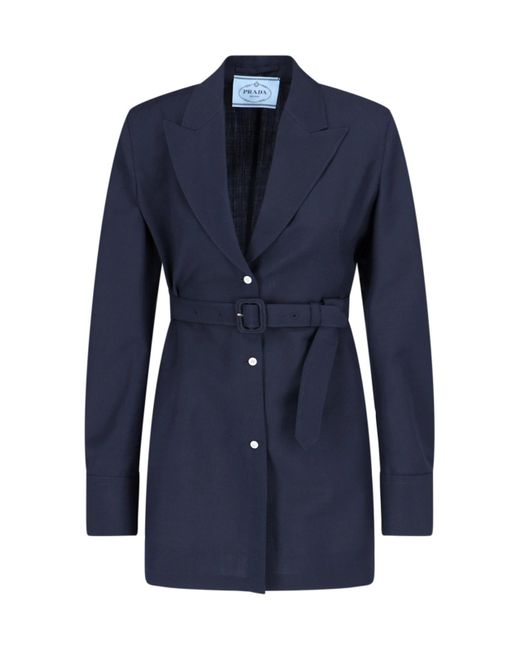 Prada Blue Belt Detail Single-breasted Jacket