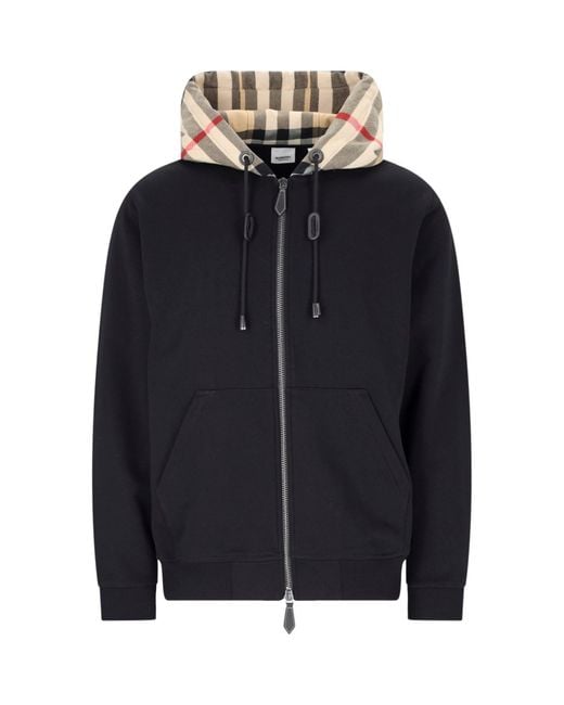 Burberry Blue Cotton Check Pattern Drawstring Hooded Sweater With Front Zip for men