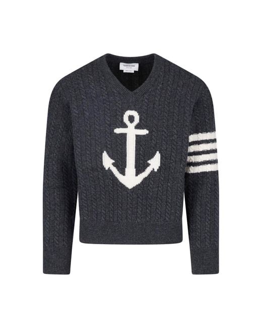 Thom Browne Blue Anchor Intarsia V-Neck Cable-Knit Sweater for men