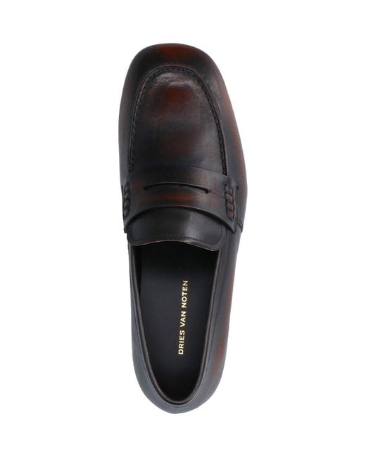 Dries Van Noten Black Worn-Effect Squared Toe Leather Moccasins