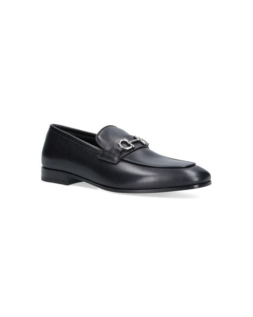 Ferragamo Black Gancini Round Toe Leather Loafers for men
