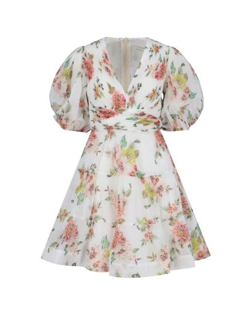 Zimmermann White Minidress With Puff Sleeves And Floral Print