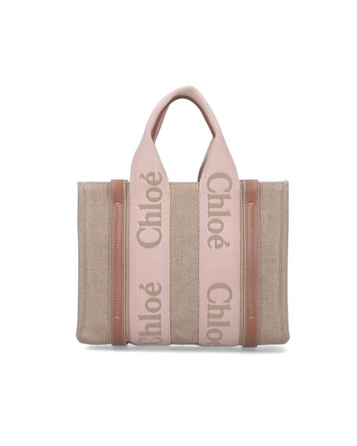 Chloé Pink Woody Small Linen Tote Bag