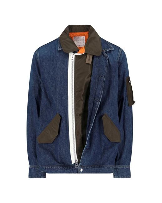 Sacai Blue Structured Zip-Up Jacket With Contrasting Panels for men
