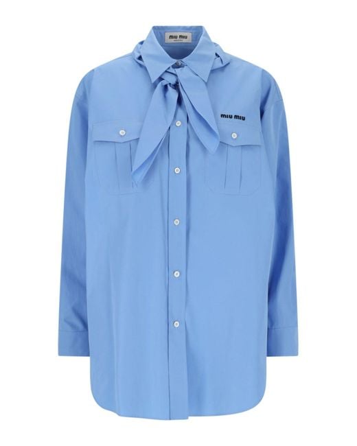 Miu Miu Blue Scarf-Detail Poplin Shirt