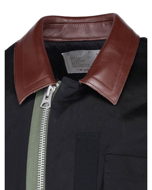 Sacai Black Engineered Panel Cotton Jacket With Nylon, Cowhide & Knit Trim for men