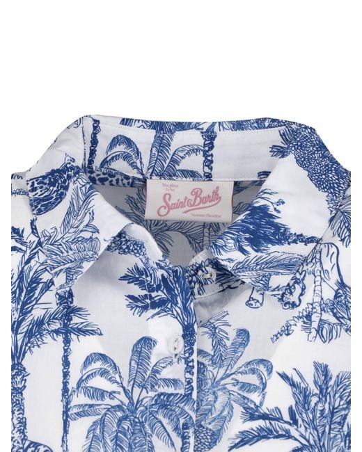 Mc2 Saint Barth Blue Midi Dress With Tiered Skirt And Botanical Print